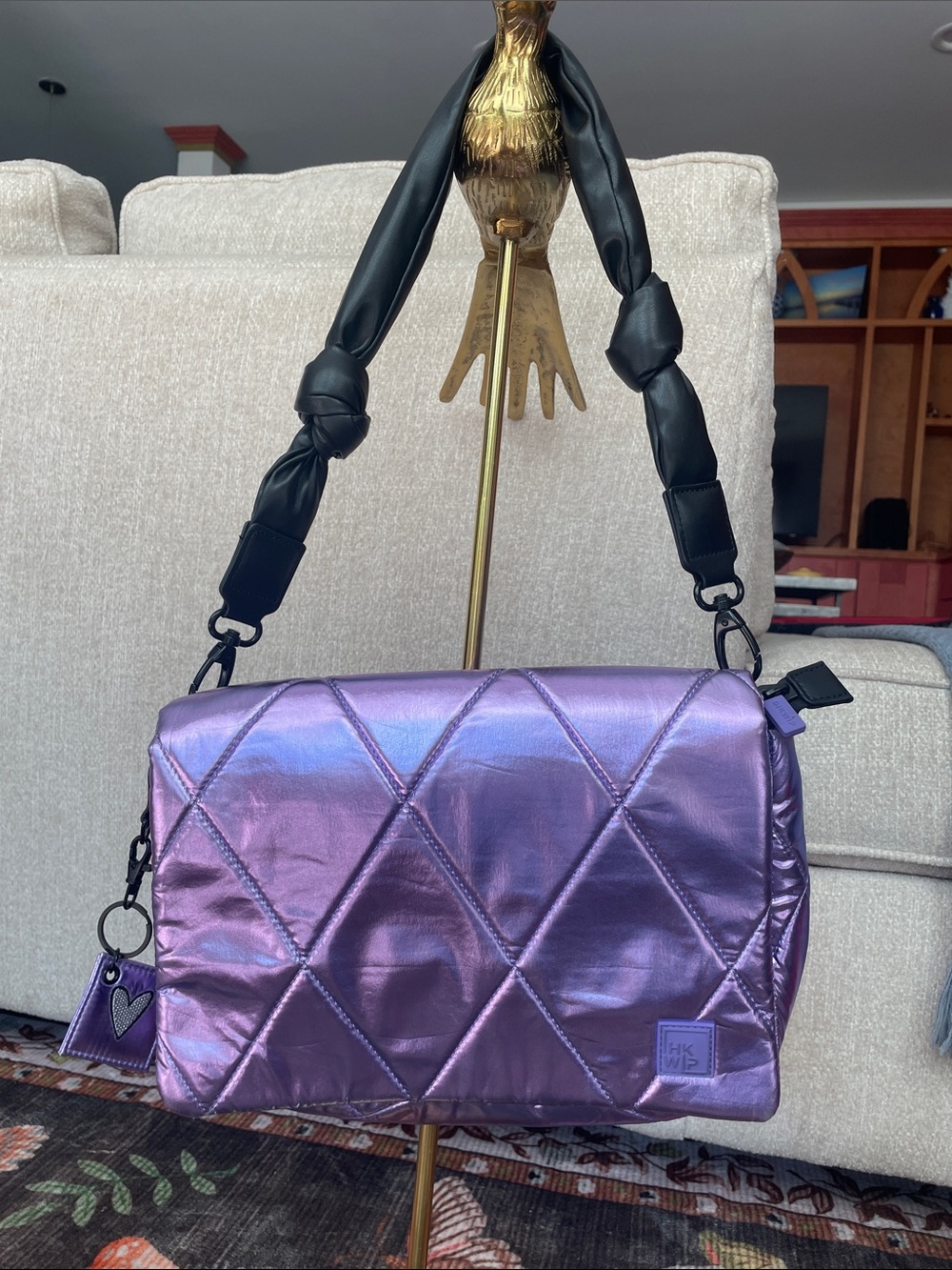 Iridescent Purple Quilted Shoulder Bag with Black Strap IHKWIP